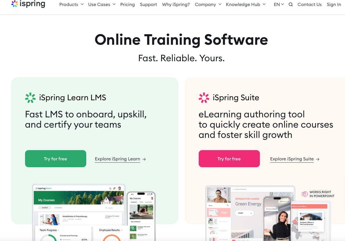 screenshot of iSpring Learn website landing page